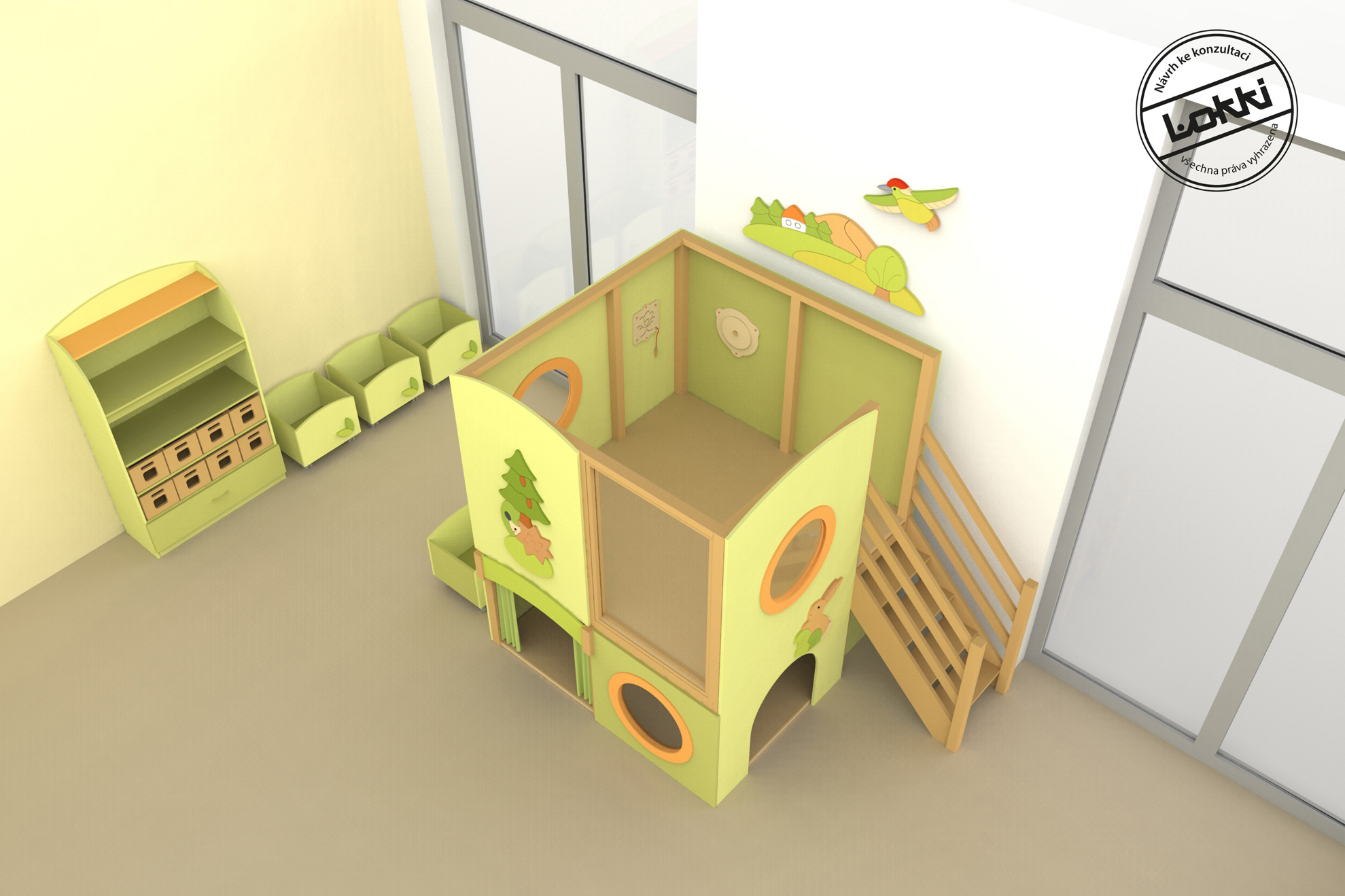 Vybavení interiéru mateřské školy – 3D návrh – Les – odpočinkové patro, pojízdné boxy na hračky