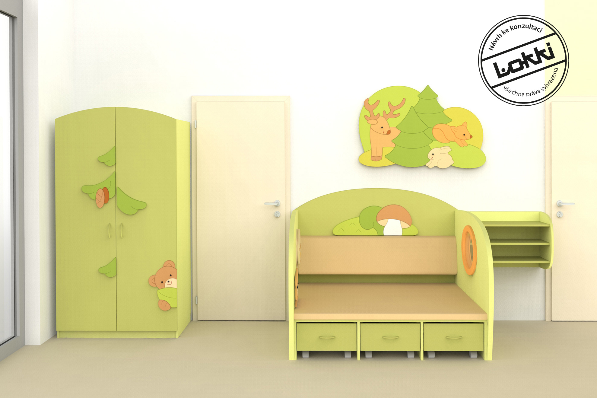 Vybavení interiéru mateřské školy – 3D návrh – Les – čtecí koutek, vysoké skříně, nástěnná dekorace