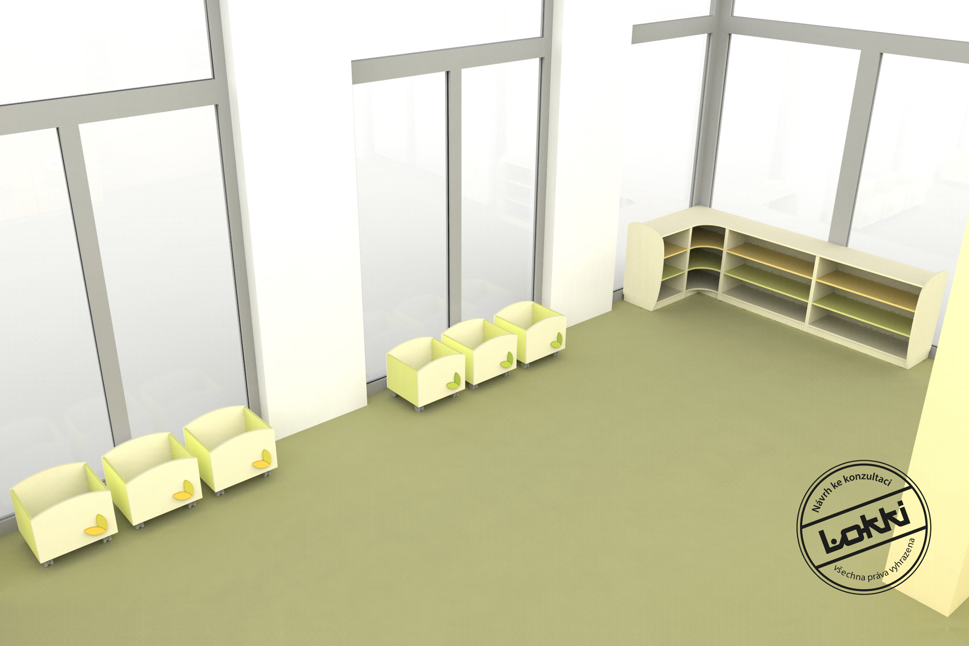 Vybavení interiéru mateřské školy – 3D návrh -Louka – pojízdné kontejnery na hračky